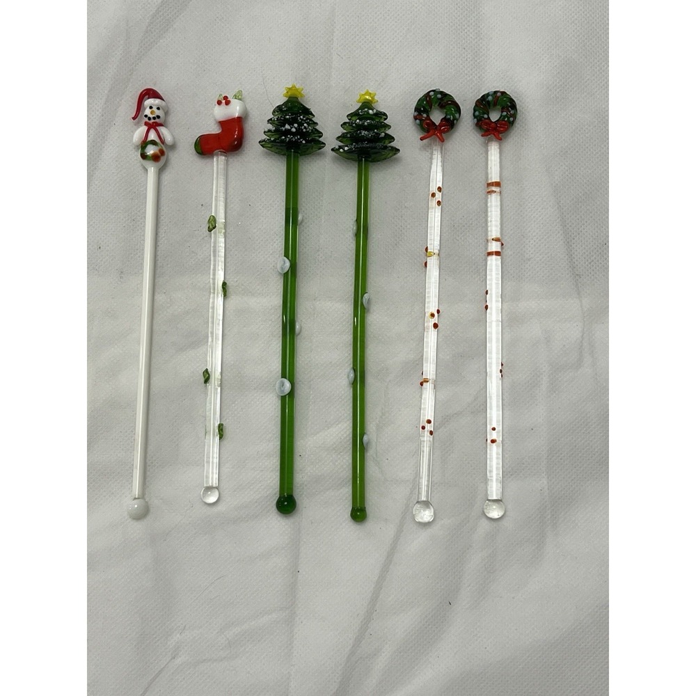 Vintage Hand Blown Glass Christmas Swizzle Sticks Cocktail Stirrers Set of 6